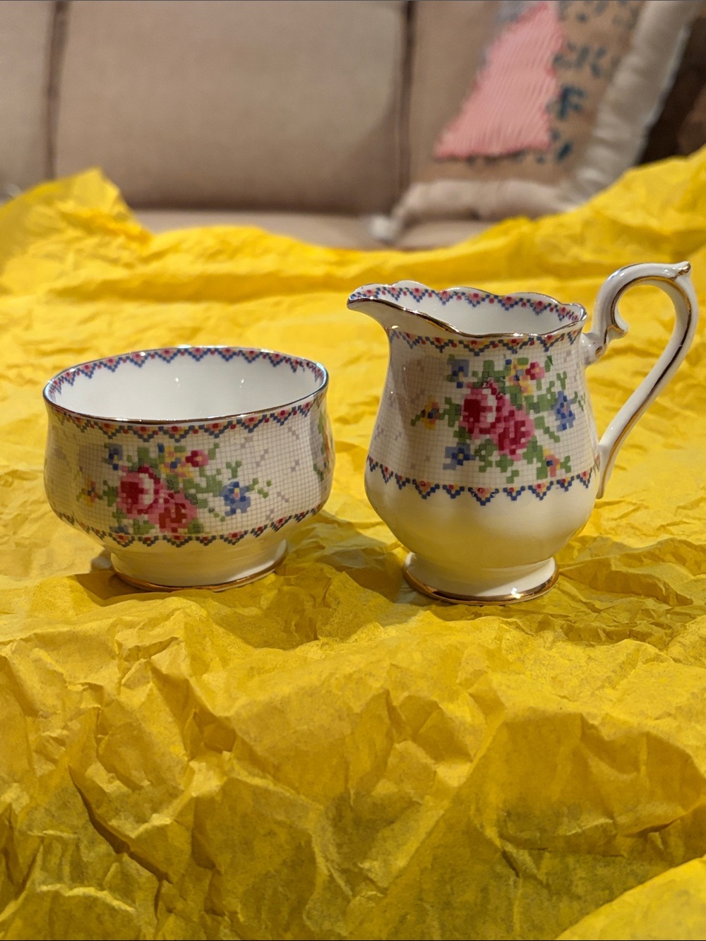 Royal Albert White Bone China sugar and milk set with Pink and Blue Trim
